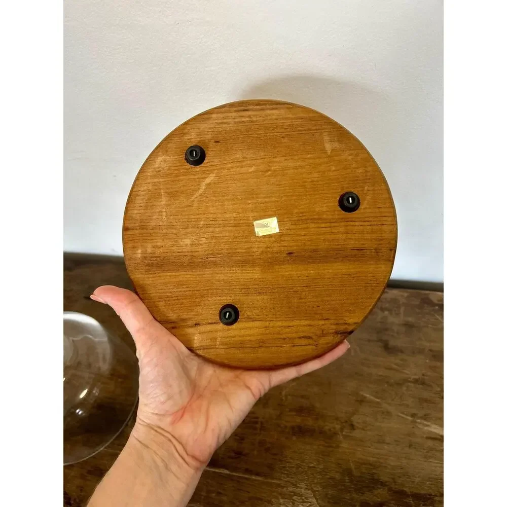 Vintage Glass Cloche and Teak Plate | Lidded Cake Cheese Dessert Dome